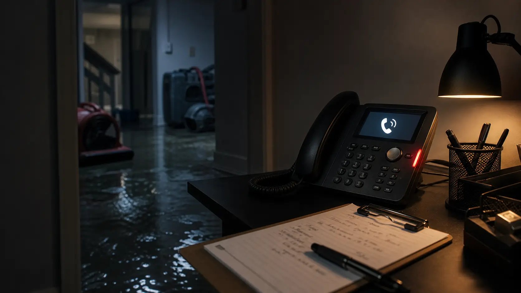 Late-night restoration response desk with an incoming emergency call and water extraction equipment in the background