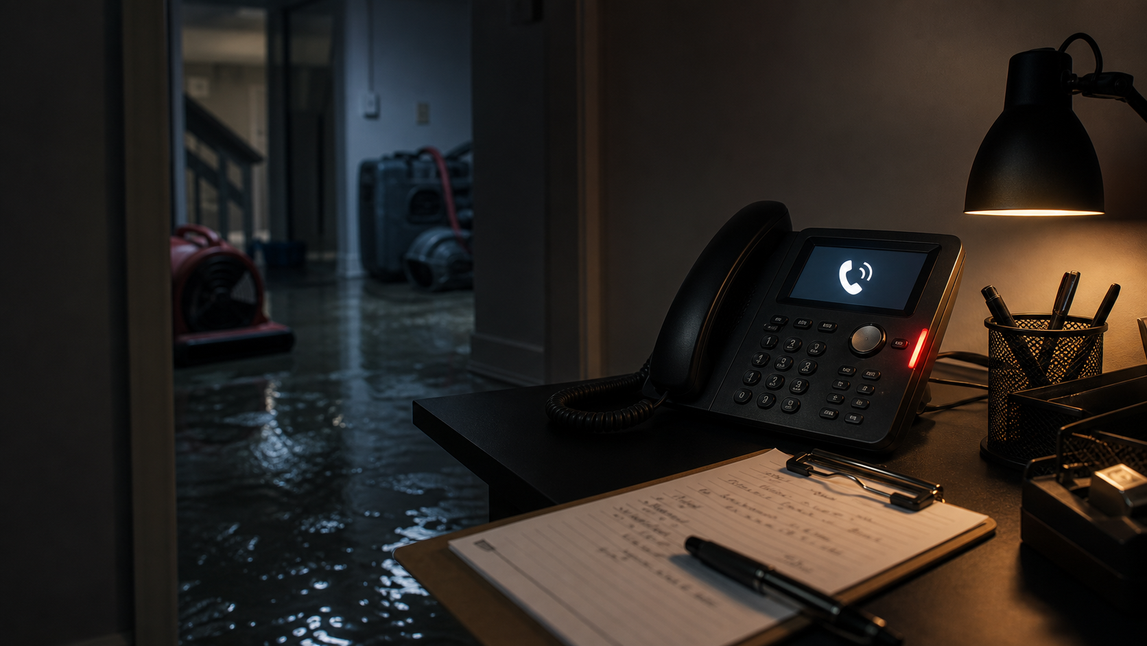 Late-night restoration response desk with an incoming emergency call and water extraction equipment in the background